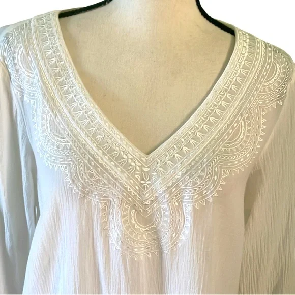 Lands End Embroidered White Gauze Swim Cover - Picture 2 of 7